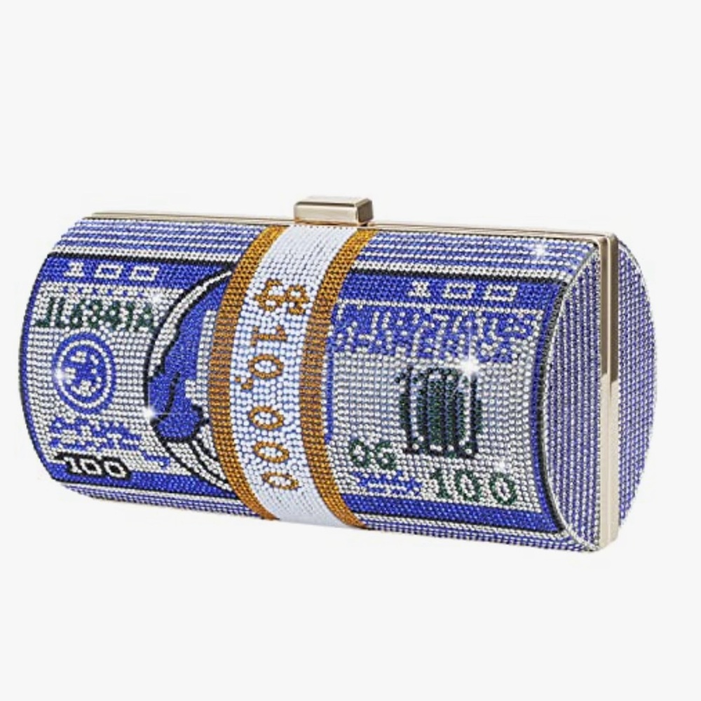 Rhinestone Money Clutch Purse Evening Money Diamond Bling $10,000 Blue Gold New